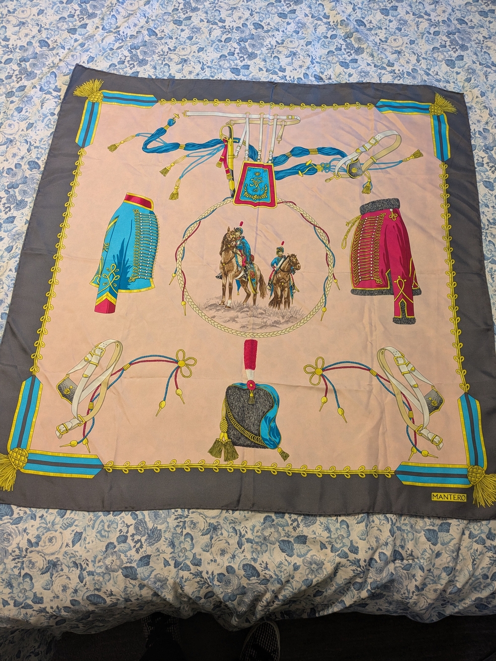 Vintage Mantero Pink and Blue Military-Print Silk Scarf